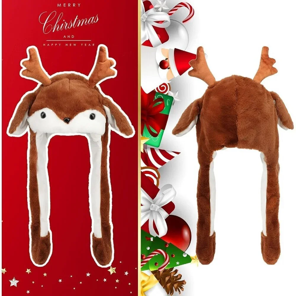 Kids Elk Animal Hat with Ears Moving Jumping Pop Up Beating Plush Holiday